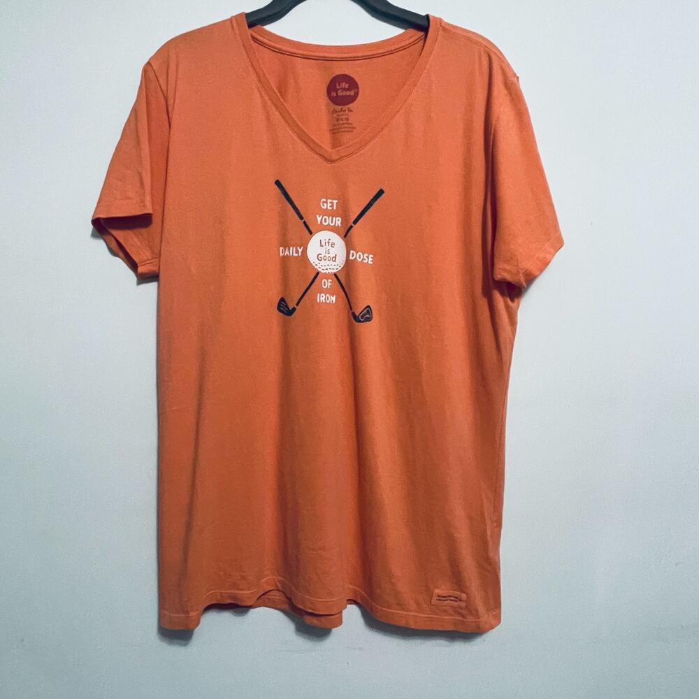 Life Is Good T-Shirt Womens L Orange V-Neck Daily Dose Of Iron Golf Crusher Tee